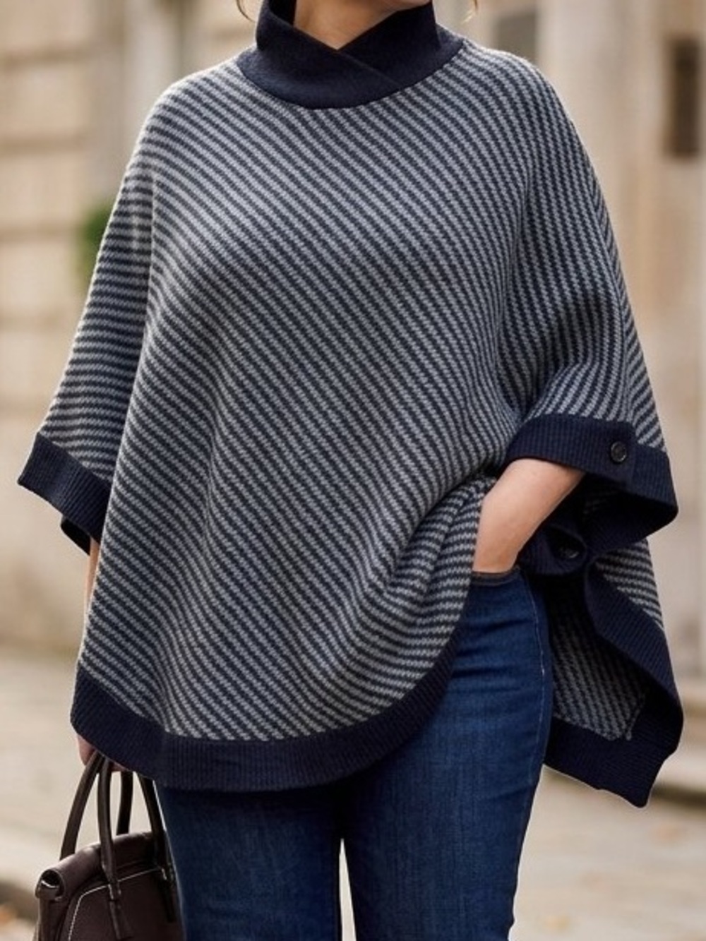 Banana Republic Knit Stripe Poncho Sweater Gray Funnel Neck Wool Blend XL